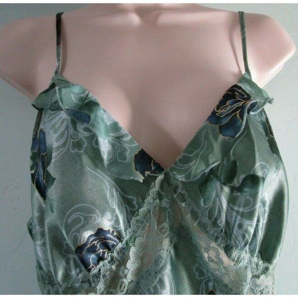 Green Satin Blue Roses Lace Chiffon Trim Negligee Medium Secret Treasures EUC - Picture 3 of 12